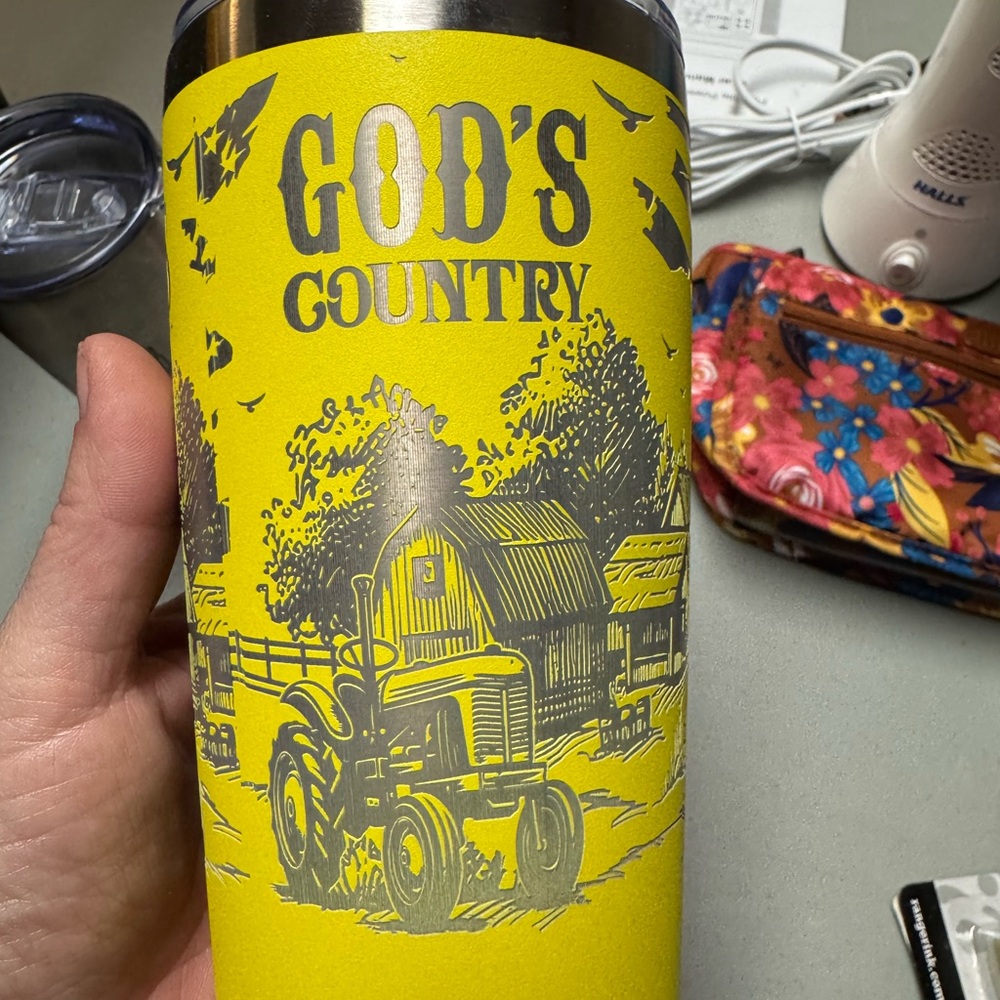 God's Country Yellow Stainless Tumbler - Farm Tractor Design